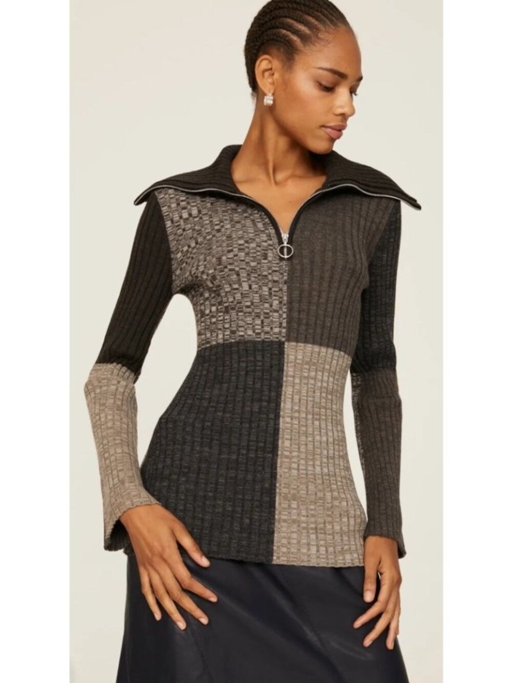 Sandro Paris Moria Sweater Size 3 US L Colorblock Rib Knit Zip Collar Pullover - Picture 3 of 10